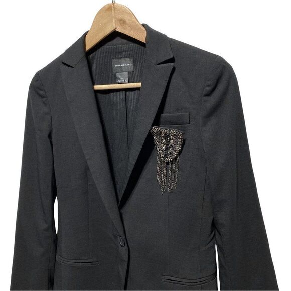 𝅺club Monaco Blazer with Varsity Jewelled Brooch Black - Picture 2 of 5